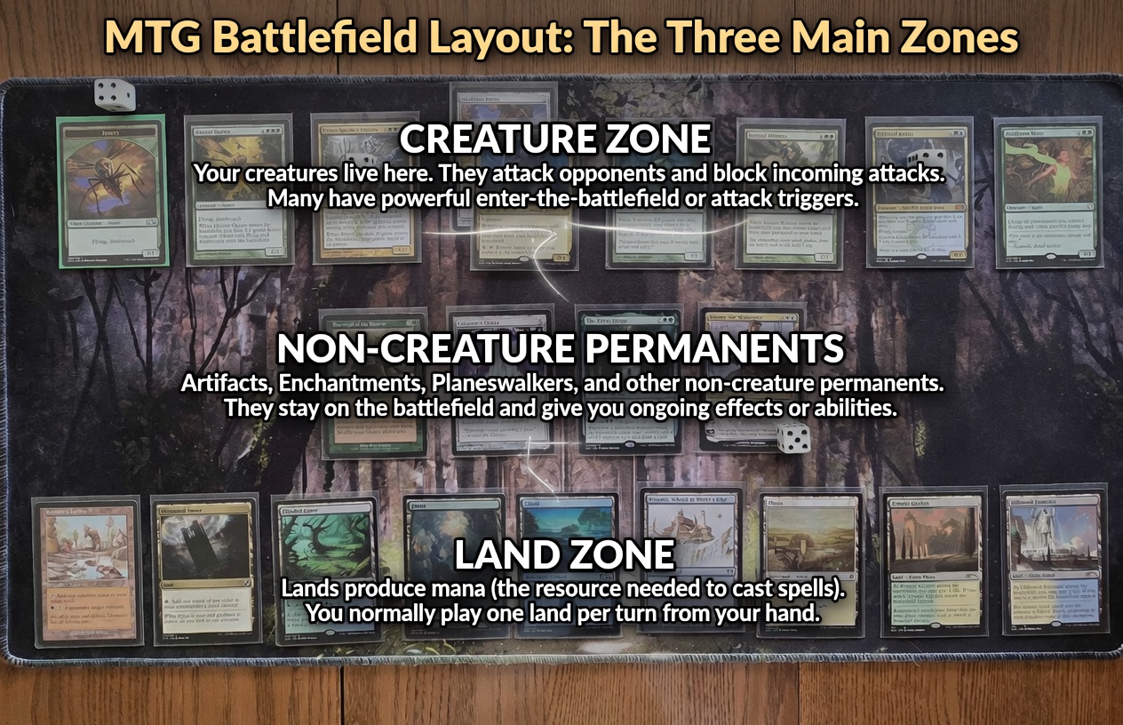 A Magic: The Gathering battlefield during a game, showing lands, creatures, artifacts, and enchantments in play across two sides of the table with life totals and counters visible.