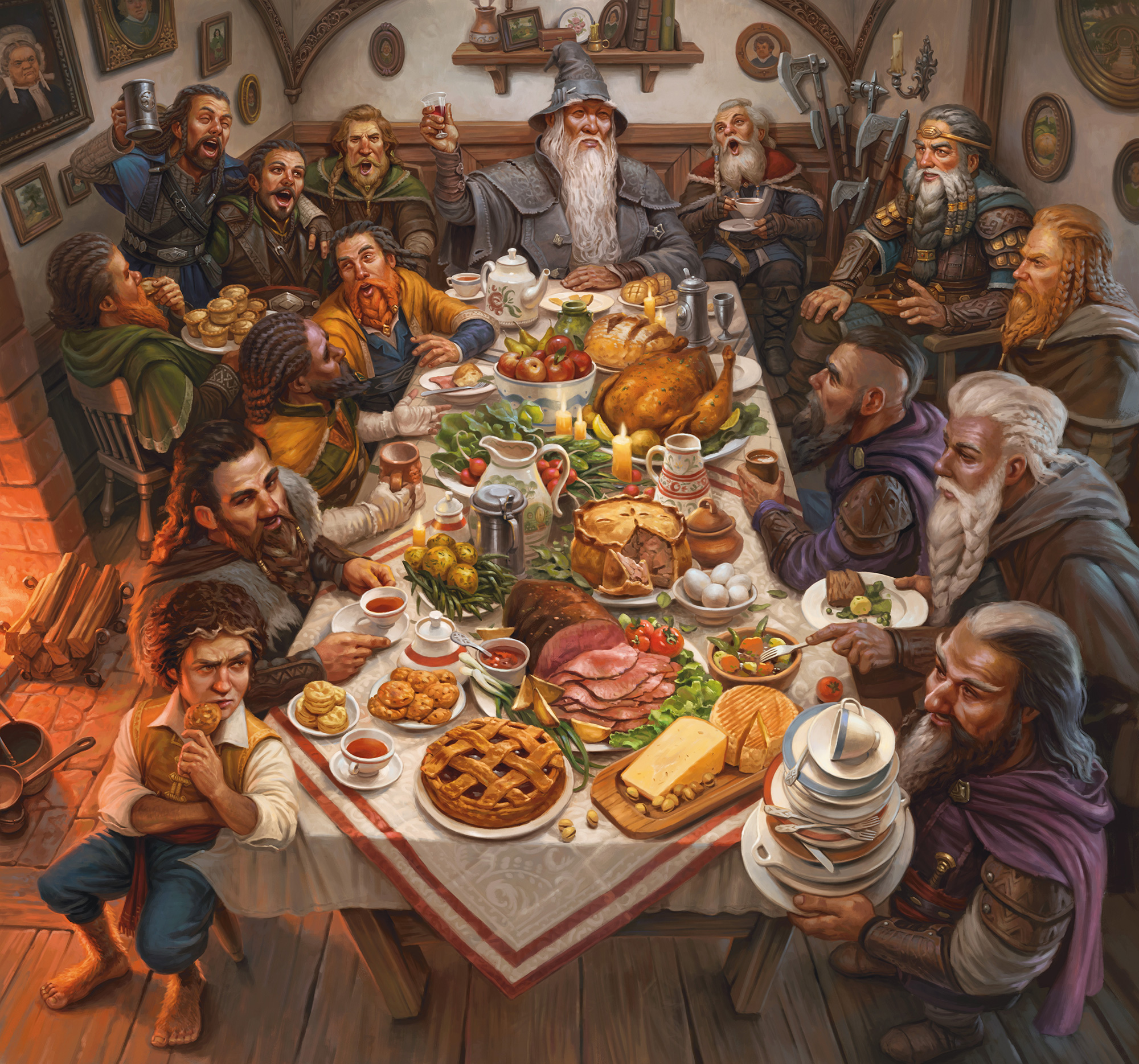 A grey-robed wizard raises a toast at the head of a long table crowded with dwarves feasting in a cozy hobbit home. The table overflows with roast meats, pies, bread, cheese, and tea, while a small barefoot hobbit sits at the near end looking exasperated, munching a cookie. One dwarf carries a teetering stack of dirty dishes, and the firelit room is decked with portraits and hanging axes.
