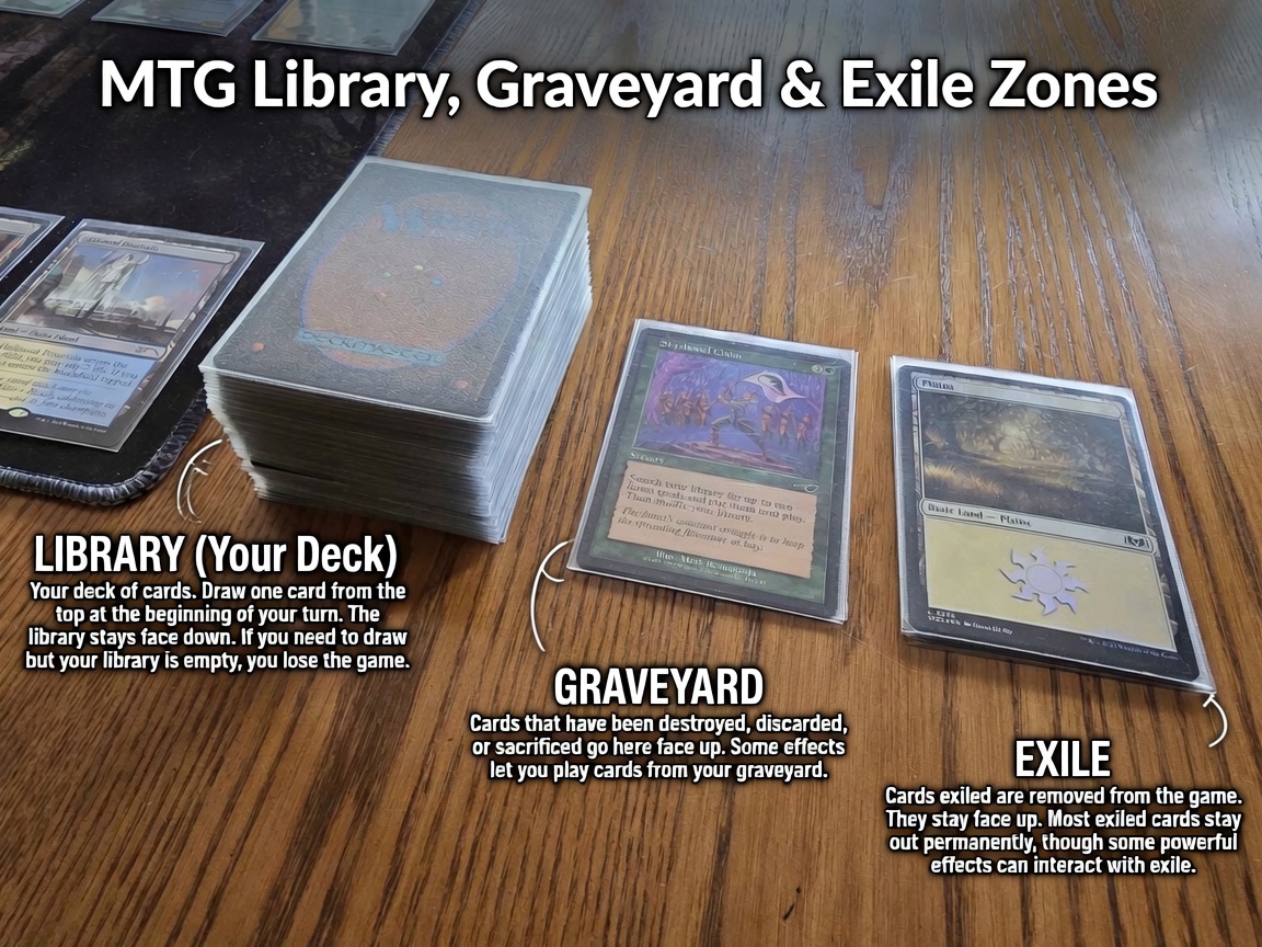 Magic: The Gathering zones diagram showing the library (deck), graveyard, and exile pile with cards placed in their correct zones.