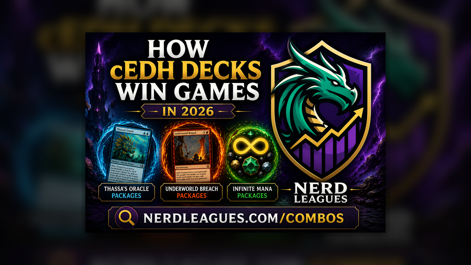 Competitive Commander strategy guide cover featuring the NerdLeagues dragon logo alongside the three most common cEDH win condition families: Thassa's Oracle packages, Underworld Breach packages, and Infinite Mana packages.